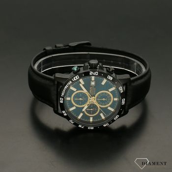 Piękny zegarek męski na solidnym, wytrzymałym skórzanym pasku w kolorze czarnym. Zegarek męski z niebieska tarcza oraz złotymi dodatkami. Idealny prezent (3).jpg