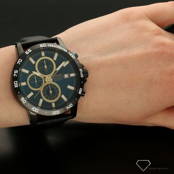 Piękny zegarek męski na solidnym, wytrzymałym skórzanym pasku w kolorze czarnym. Zegarek męski z niebieska tarcza oraz złotymi dodatkami. Idealny prezent (5).jpg