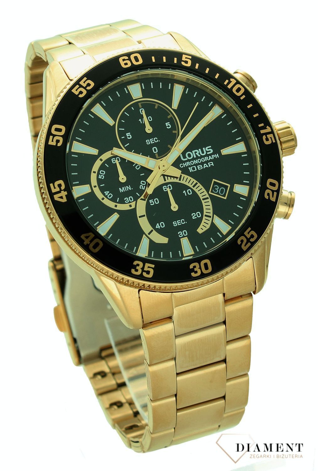 Zegarek męski Lorus na złotej bransolecie RM330JX9. Męski zegarek z chronografem. Zegarek męski Lorus na bransolecie. Zegarek męski idealny na prezent. Zegarek Lorus w złotym kolorze..jpg