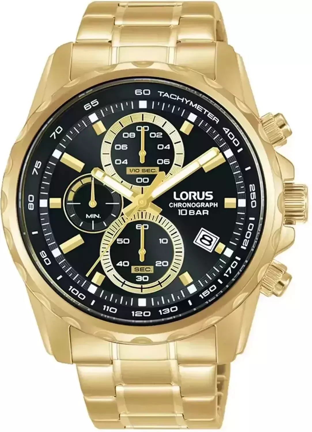 Zegarek Lorus Chronograph męski RM378JX9 🕧zegarek męski Lorus na złotej bransolecie RM378JX9 🕧 wyposażony jest w kwarcowy mechanizm, zasilany za pomocą baterii 🕧1.webp