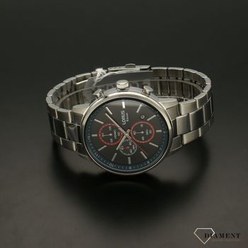 Zegarek męski Lorus Classic Chronograph RM397GX9. Klasyczny zegarek męski marki Lorus o sportowym charakterze z czerwonymi wstawkami na tarczy. Tarcza zegarka o ciemnej kolorystyce z jasnymi indeksami (2).jpg