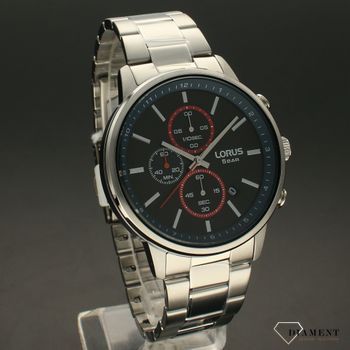 Zegarek męski Lorus Classic Chronograph RM397GX9. Klasyczny zegarek męski marki Lorus o sportowym charakterze z czerwonymi wstawkami na tarczy. Tarcza zegarka o ciemnej kolorystyce z jasnymi indeksami (5).jpg