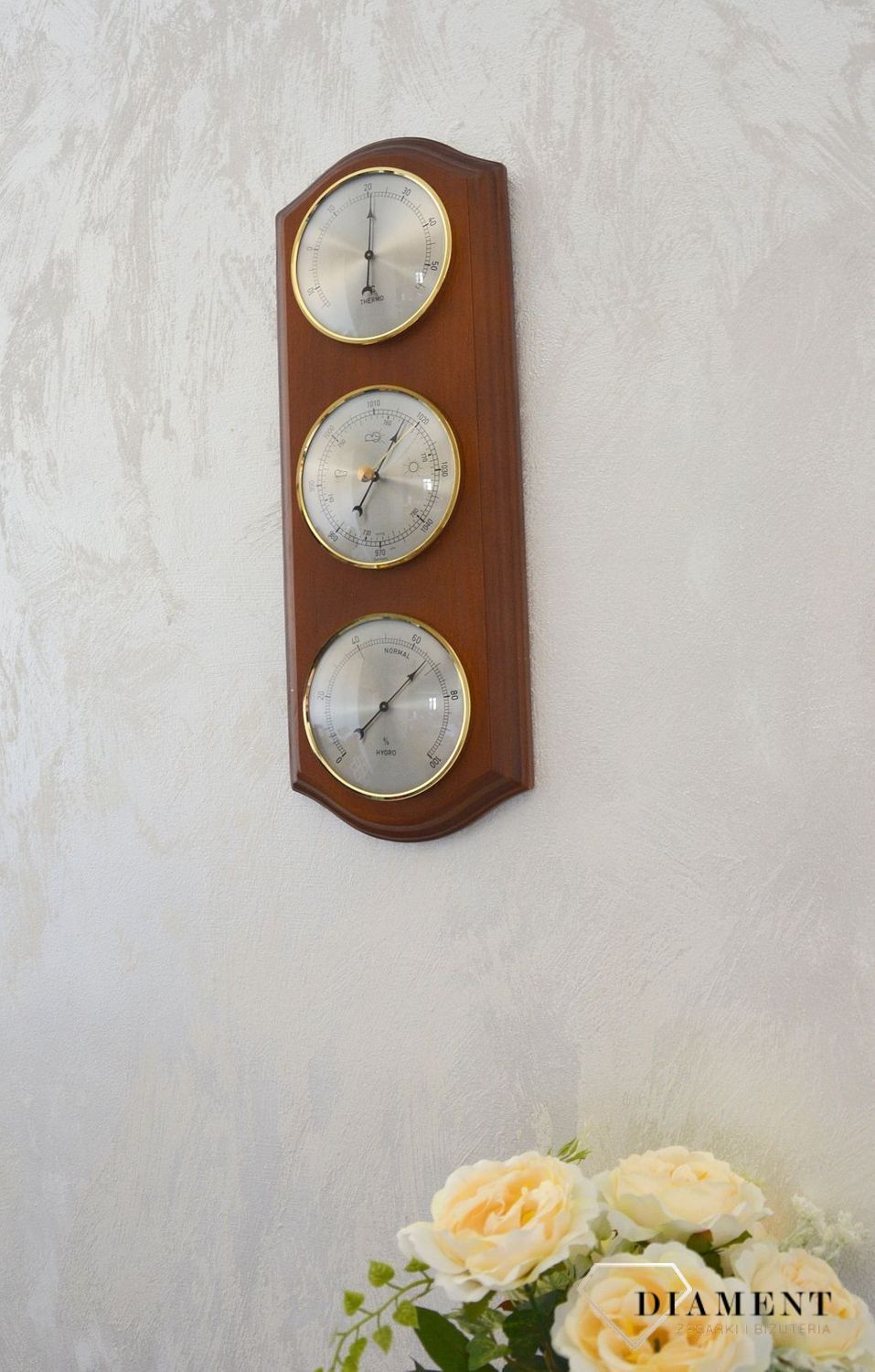 Drewniana stacja pogody Barometr Termometr Higrometr Robert II. Mechanizm mieści się w wytrzymałej, zaokrąglonej  (4).JPG