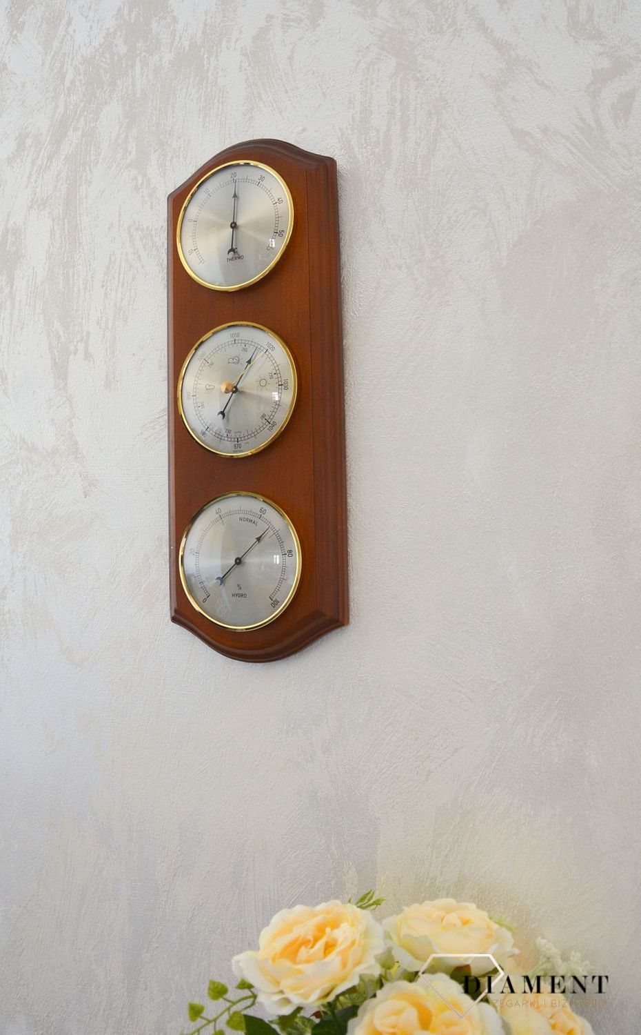 Drewniana stacja pogody Barometr Termometr Higrometr Robert II. Mechanizm mieści się w wytrzymałej, zaokrąglonej  (4).JPG