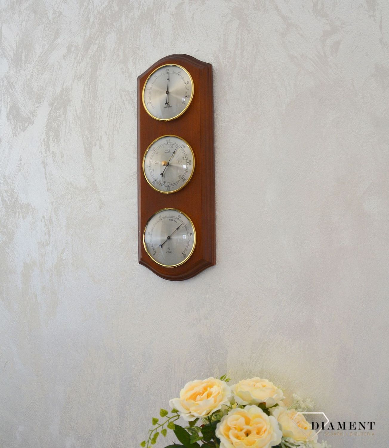 Drewniana stacja pogody Barometr Termometr Higrometr Robert II. Mechanizm mieści się w wytrzymałej, zaokrąglonej  (4).JPG