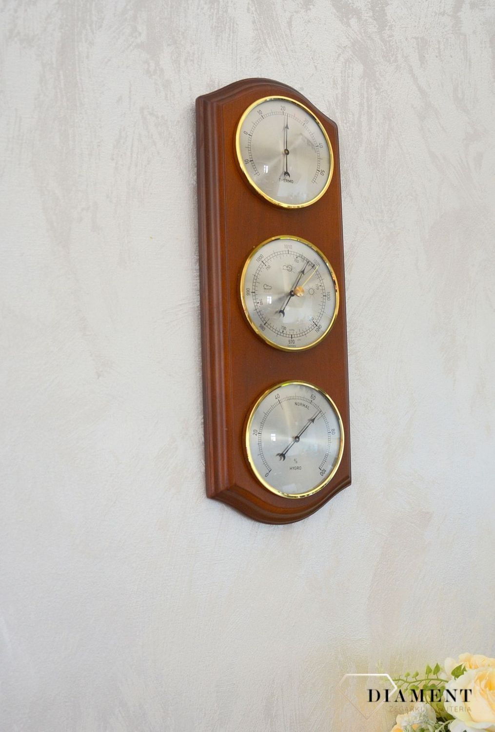Drewniana stacja pogody Barometr Termometr Higrometr Robert II. Mechanizm mieści się w wytrzymałej, zaokrąglonej  (4).JPG