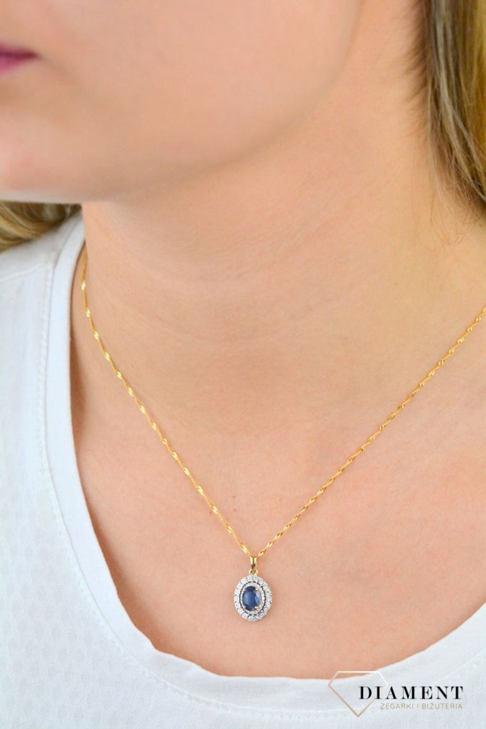 Złota zawieszka  Szafir otulony Diamentami  585 DIAMENT RP217SAPY.jpg