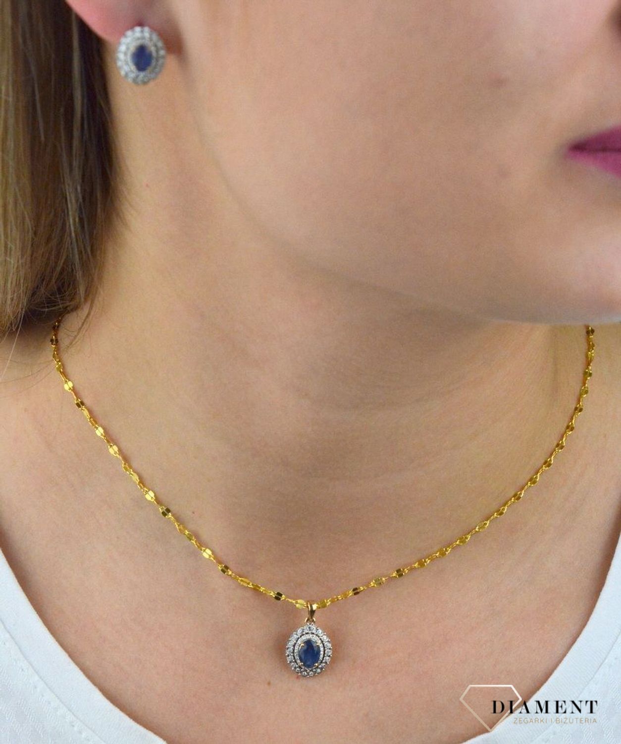 Złota zawieszka  Szafir otulony Diamentami  585 DIAMENT RP217SAPY.jpg