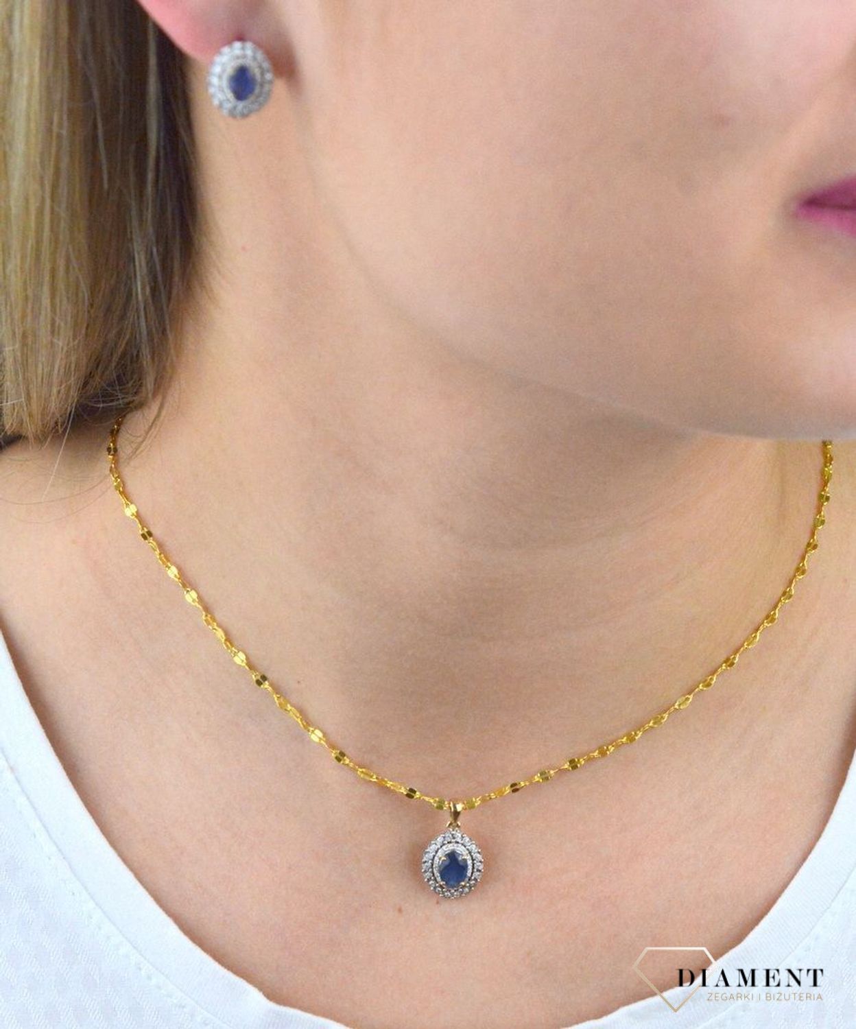 Złota zawieszka  Szafir otulony Diamentami  585 DIAMENT RP217SAPY.jpg