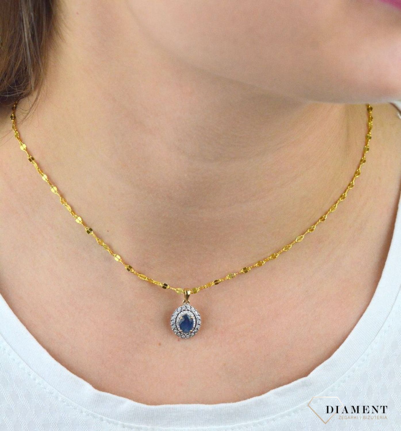 Złota zawieszka  Szafir otulony Diamentami  585 DIAMENT RP217SAPY.jpg