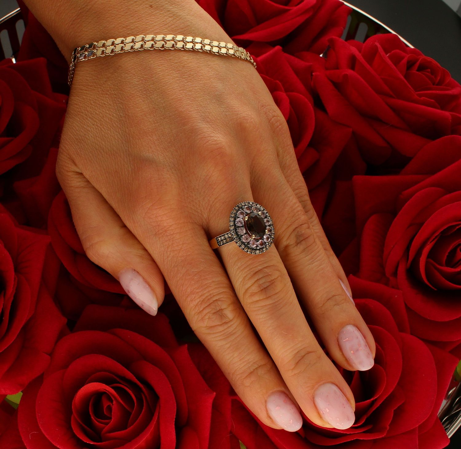 Pierścionek złoty Szampańskie Diamenty, Granat, Kwarc Dymny 585 rozmiar 16 (4).jpg