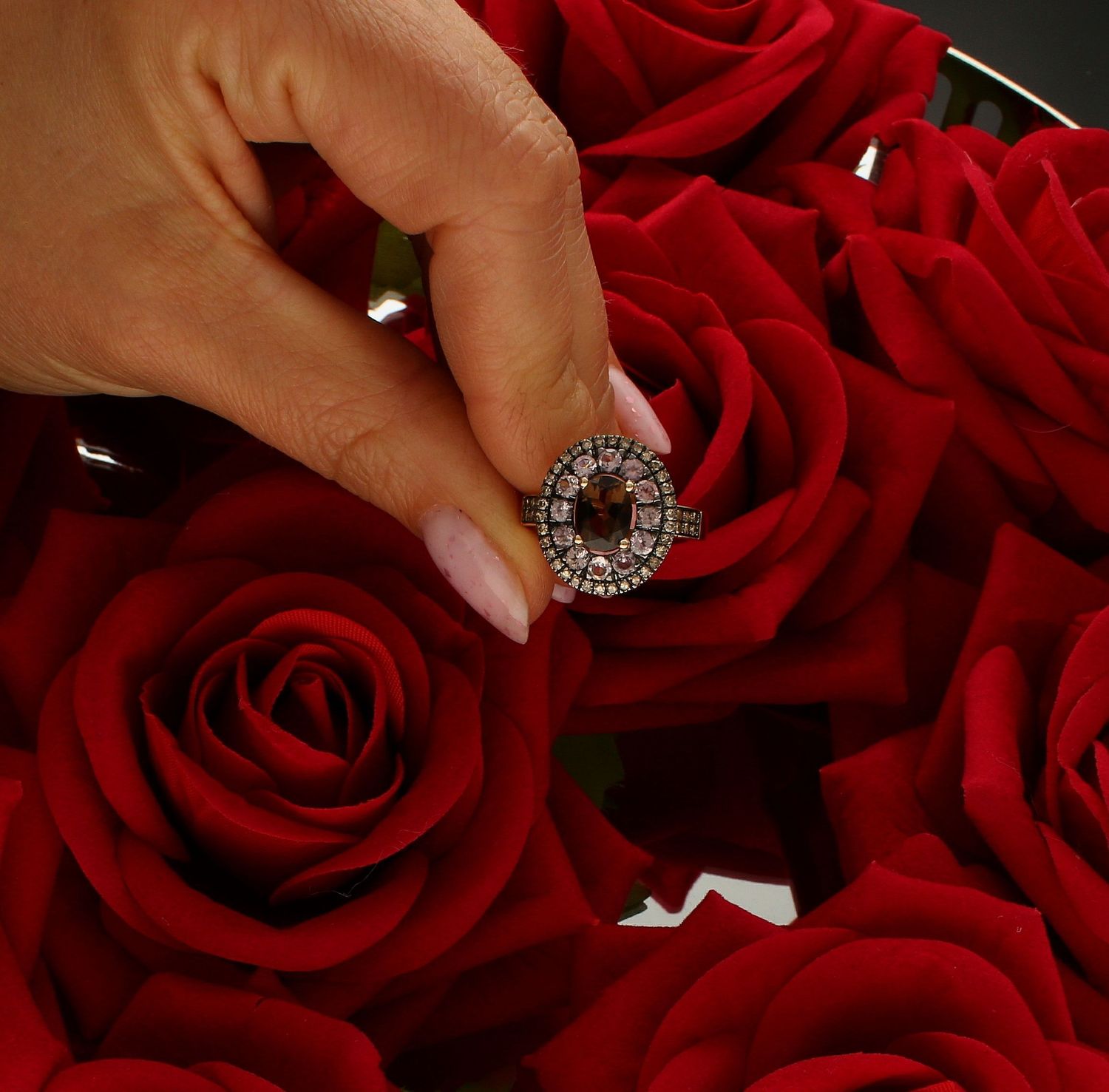 Pierścionek złoty Szampańskie Diamenty, Granat, Kwarc Dymny 585 rozmiar 16 (4).jpg