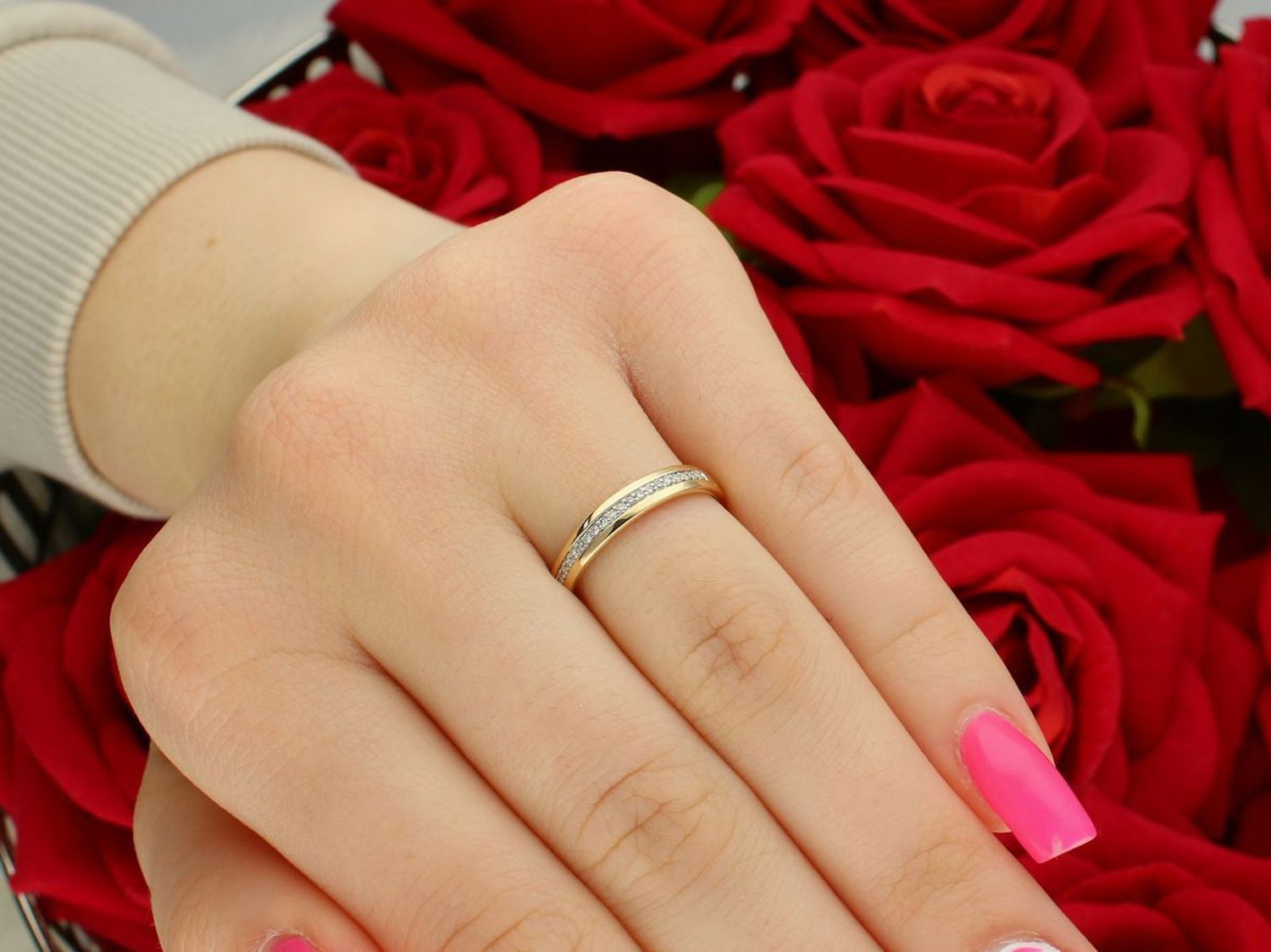 Złoty pierścionek obrączkowy z diamentami 0,07ct GHSI – RR55662Y, rozmiar 14, próba 585.jpg