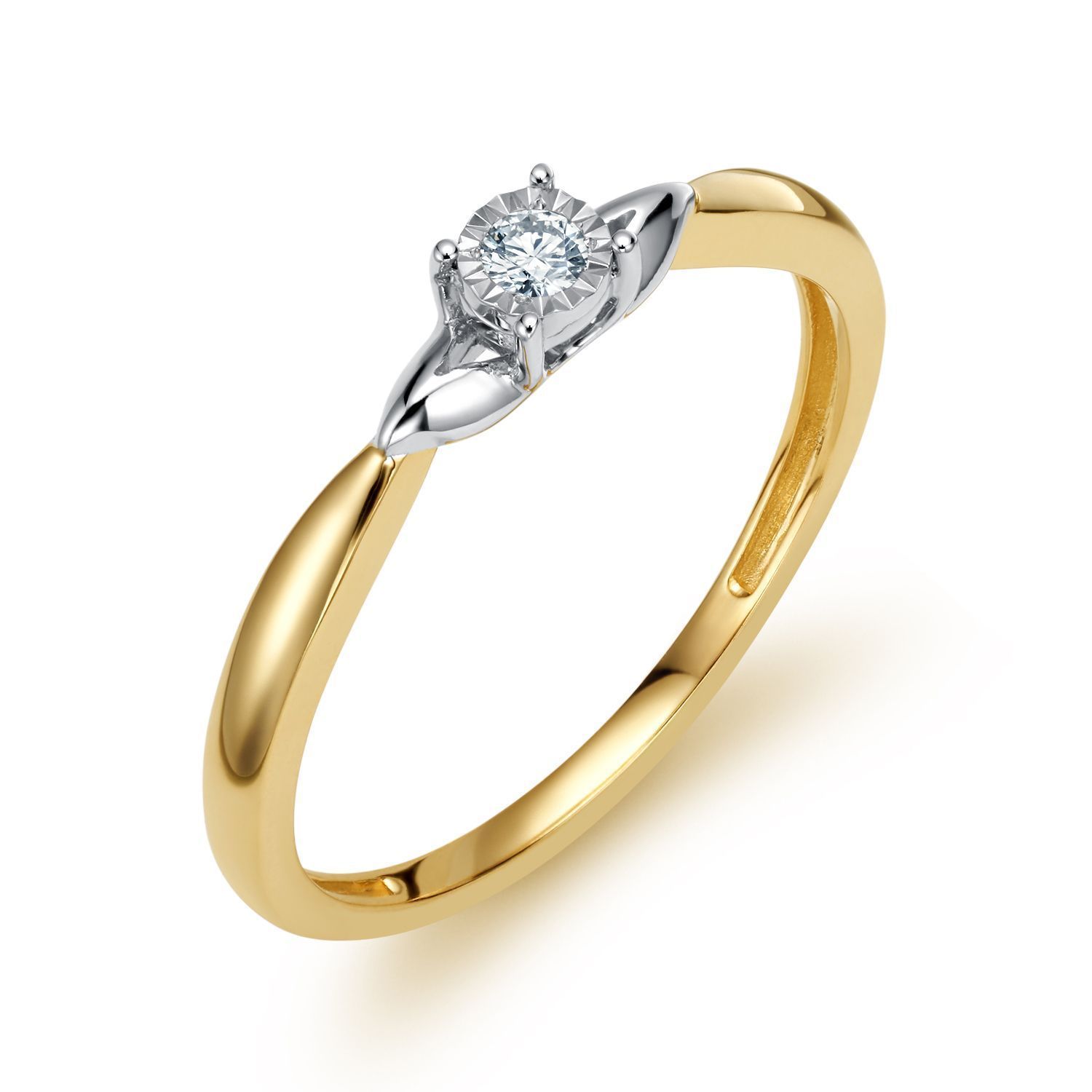 Złoty pierścionek damski 585 Subtelny pierścionek z Diamentem o ciekawej oprawie 0.05 ct   Pierścionek z żółtego 14 karatowego złota z Diamentem, idealny prezent dla każdej kobiety. Pierścionek idealny na zaręczyny..jpg