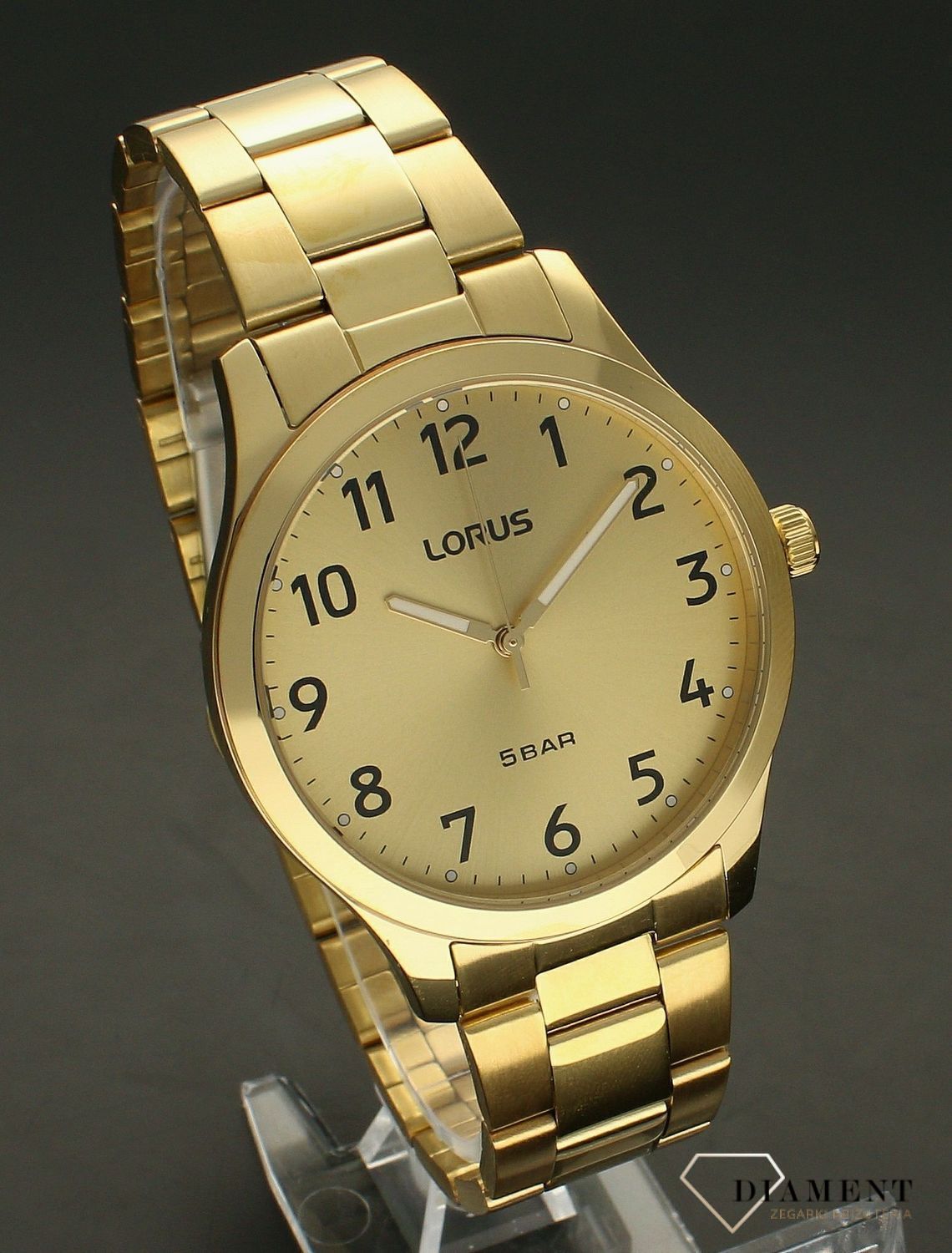 Zegarek męski Lorus RRX02JX9. Zegarek męski Lorus na bransolecie RRX02JX9 w złotym kolorze wyposażony jest w kwarcowy mechanizm, zasilany za pomocą baterii. Męski zegarek Lorus na złotej bransolecie. Klasyczny zegarek męski idealny na prezent.jpg