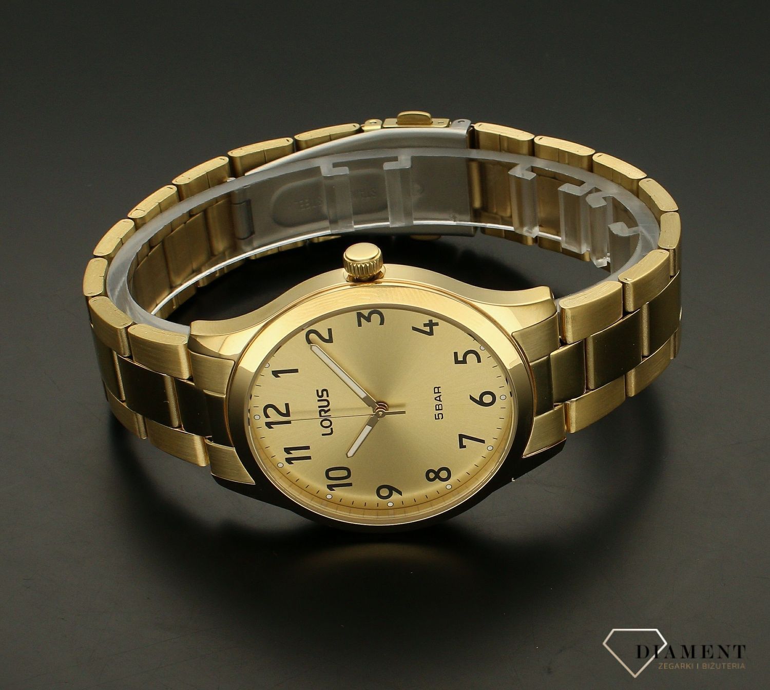 Zegarek męski Lorus RRX02JX9. Zegarek męski Lorus na bransolecie RRX02JX9 w złotym kolorze wyposażony jest w kwarcowy mechanizm, zasilany za pomocą baterii. Męski zegarek Lorus na złotej bransolecie. Klasyczny zegarek męski idealny na prezent.jpg