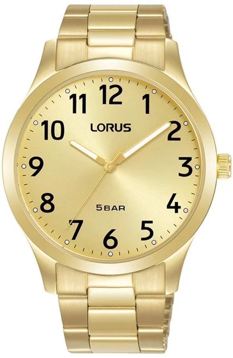 Zegarek męski Lorus RRX02JX9. Zegarek męski Lorus na bransolecie RRX02JX9 w złotym kolorze wyposażony jest w kwarcowy mechanizm, zasilany za pomocą baterii. Męski zegarek Lorus na złotej bransolecie. Klasyczny zegarek męski idealny na prezent.jpg