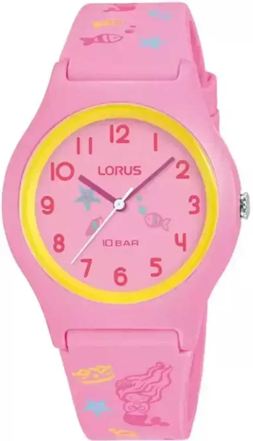 Poznaj Lorus RRX49HX9 – dziecięcy zegarek kwarcowy z różową tarczą, silikonowym paskiem i kopertą z tworzywa sztucznego. Wodoszczelny, trwały i praktyczny do codziennego noszenia.1.webp