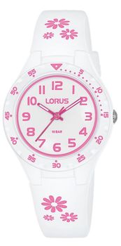 Zegarek dla dziewczynki na białym pasku silikonowym z różowymi kwiatkami i wyraźnymi cyframi do nauki godzin Lorus RRX59GX9..jpg