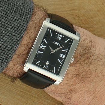 Lorus RS989DX9 Classic Mens – elegancki zegarek męski prostokątny, czarna tarcza, skórzany pasek kwadrat.jpg