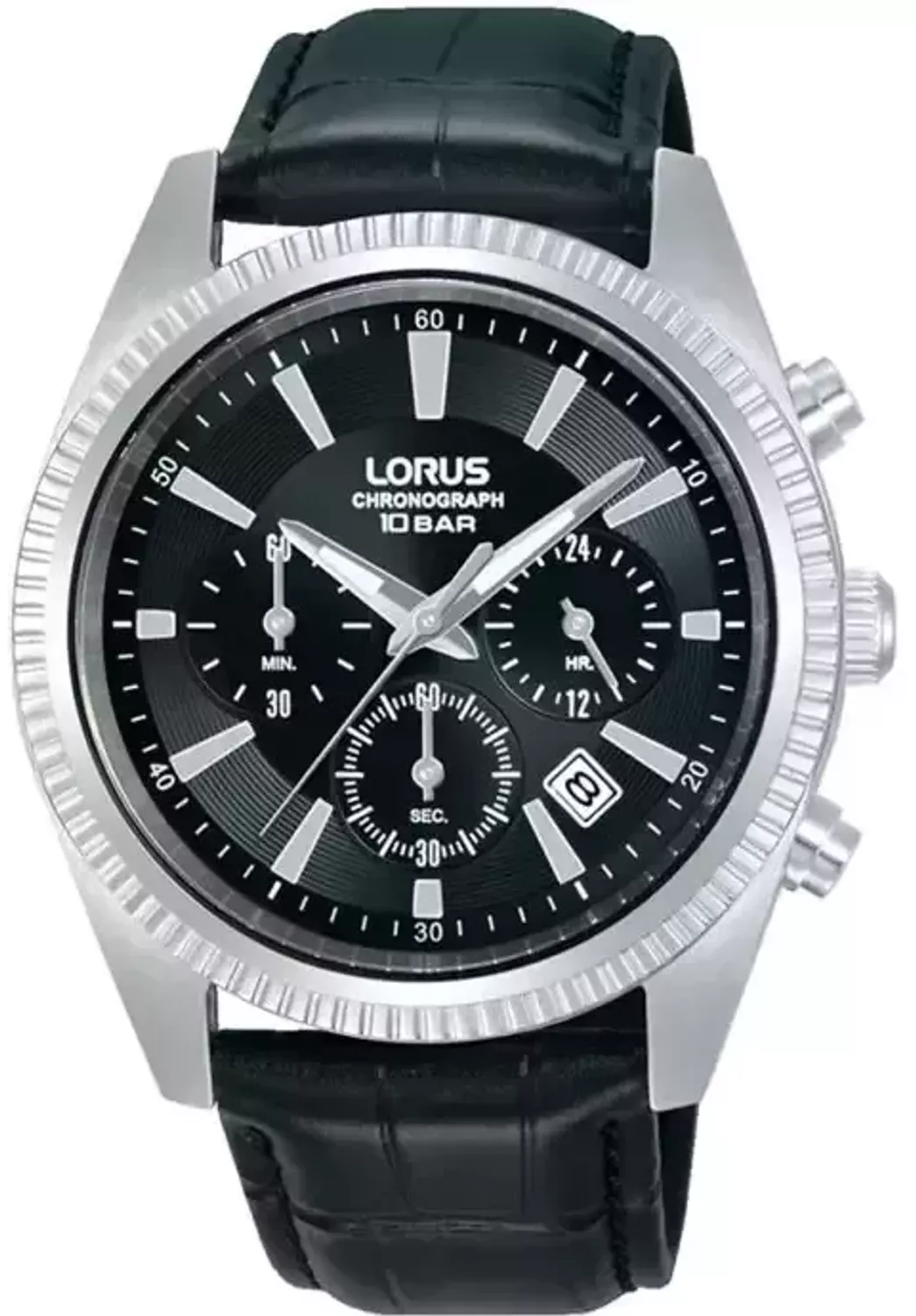 Lorus RT301LX9 to stylowy zegarek męski z czarną tarczą, chronografem i paskiem ze skóry naturalnej. Wodoszczelność 100M, mechanizm Seiko, datownik.1.webp