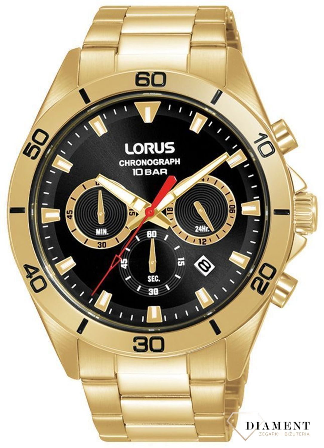 Zegarek męski Lorus Chronograph na złotej bransolecie RT340KX9. Złoty zegarek dla mężczyzny. Zegarek męski w złotym kolorze. Pomysł na prezent dla mężczyzny. Zegarek Lorus męski na złotej bransolecie..jpg