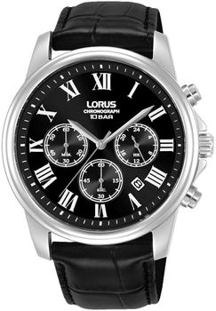 Męski zegarek Lorus RT341LX9 Classic Chronograph z mechanizmem kwarcowym, czarną tarczą z rzymskimi cyframi, skórzanym paskiem,.jpg