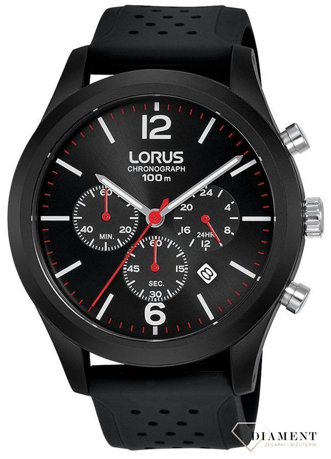 Zegarek męski Lorus Chronograph na silikonowym pasku RT349HX9. Sportowy zegarek męski Lorus. Męski zegarek z Lorusa na silikonowym pasku. Czarny męski zegarek. Zegarek dla mężczyzny na prezent..jpg