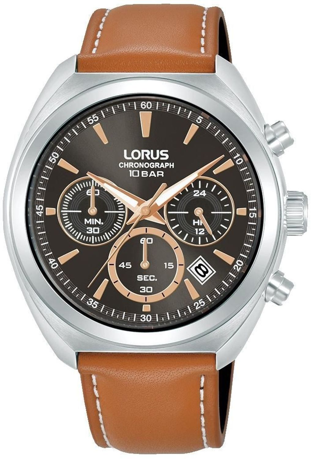 Lorus RT387KX9 to męski zegarek sportowy z mechanizmem Seiko VD53. Posiada chronograf, tachometr, czas 1224h, datownik oraz wodoszczelność 100 m. Brązowa tarcza sunburst, szkło mineralne i stalowa koperta.1.jpg