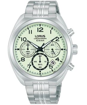 Lorus RT393KX9 to męski zegarek sportowy z zieloną tarczą, mechanizmem kwarcowym, chronografem, tachometrem, trybem 1224h i datownikiem. Stalowa koperta, szkło mineralne oraz wodoszczelność 10 ATM (100 m).1.jpg