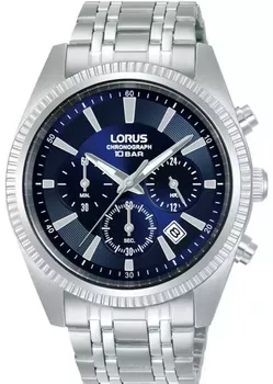 Męski zegarek Lorus RT395KX9 z granatową tarczą, chronografem i WR100. Mechanizm Seiko VD53, stalowa bransoleta, szkło mineralne, 2 lata gwarancji.1.webp