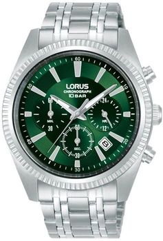 Sportowy zegarek męski Lorus RT397KX9 z zieloną tarczą, chronografem, WR100 i stalową bransoletą. Japoński mechanizm kwarcowy, bezpłatna dostawa.1.jpg