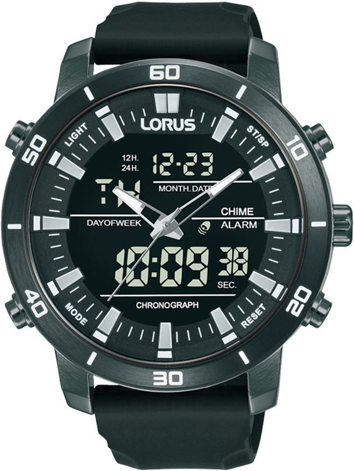 Zegarek męski na pasku gumowym wykonany z wysokiej jakości. Analogowo- cyfrowy cyferblat w kolorze czarnym, prezentuje się nadzwyczaj nowocześnie i modnie. kwarcowy mechanizm, zasilany za pomocą 1.jpg