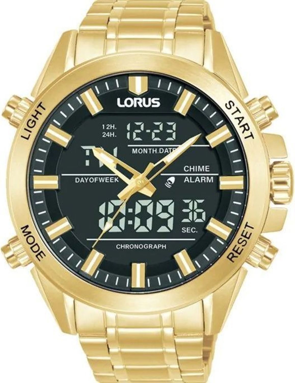 Lorus RW668AX9 to zegarek analogowo-cyfrowy z podświetleniem, alarmem, stoperem, datownikiem i trybem 1224h. Złota stalowa koperta i bransoleta PVD, szkło mineralne oraz wodoszczelność 10 ATM (100 m).1.jpg