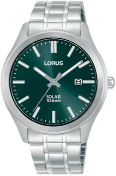 Stylowy zegarek męski Lorus RX391AX9 z zieloną tarczą, mechanizmem solarnym Seiko Epson, datownikiem i bransoletą stalową. Wodoszczelność 100M, szkło mineralne, zakręcany dekiel.1.jpg