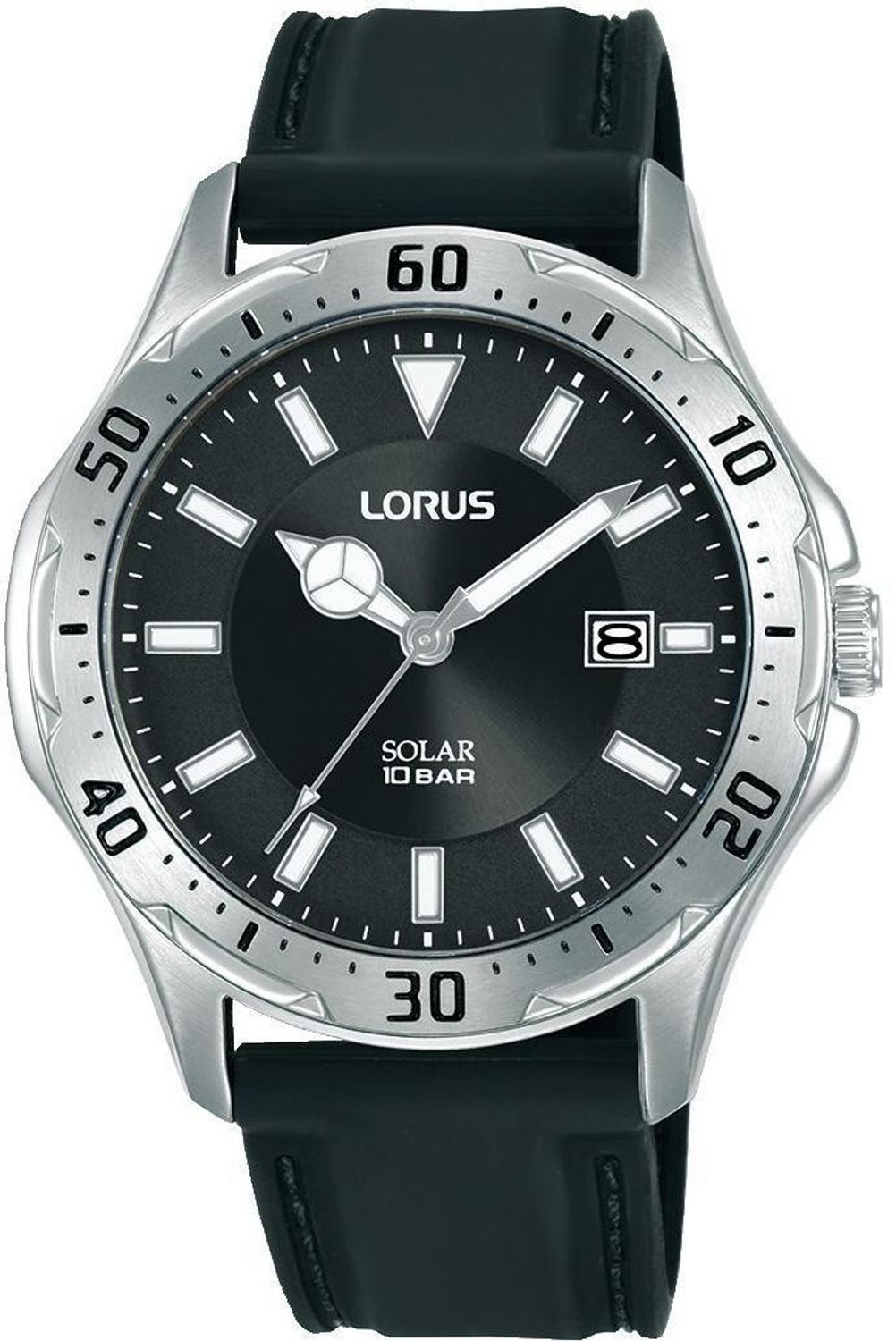 Elegancki zegarek Lorus RX399AX9 z napędem solarnym, czarną tarczą, stalową kopertą i paskiem. Wodoszczelność 100M, datownik i luminescencyjne indeksy – styl i technologia w jednym.1.jpg
