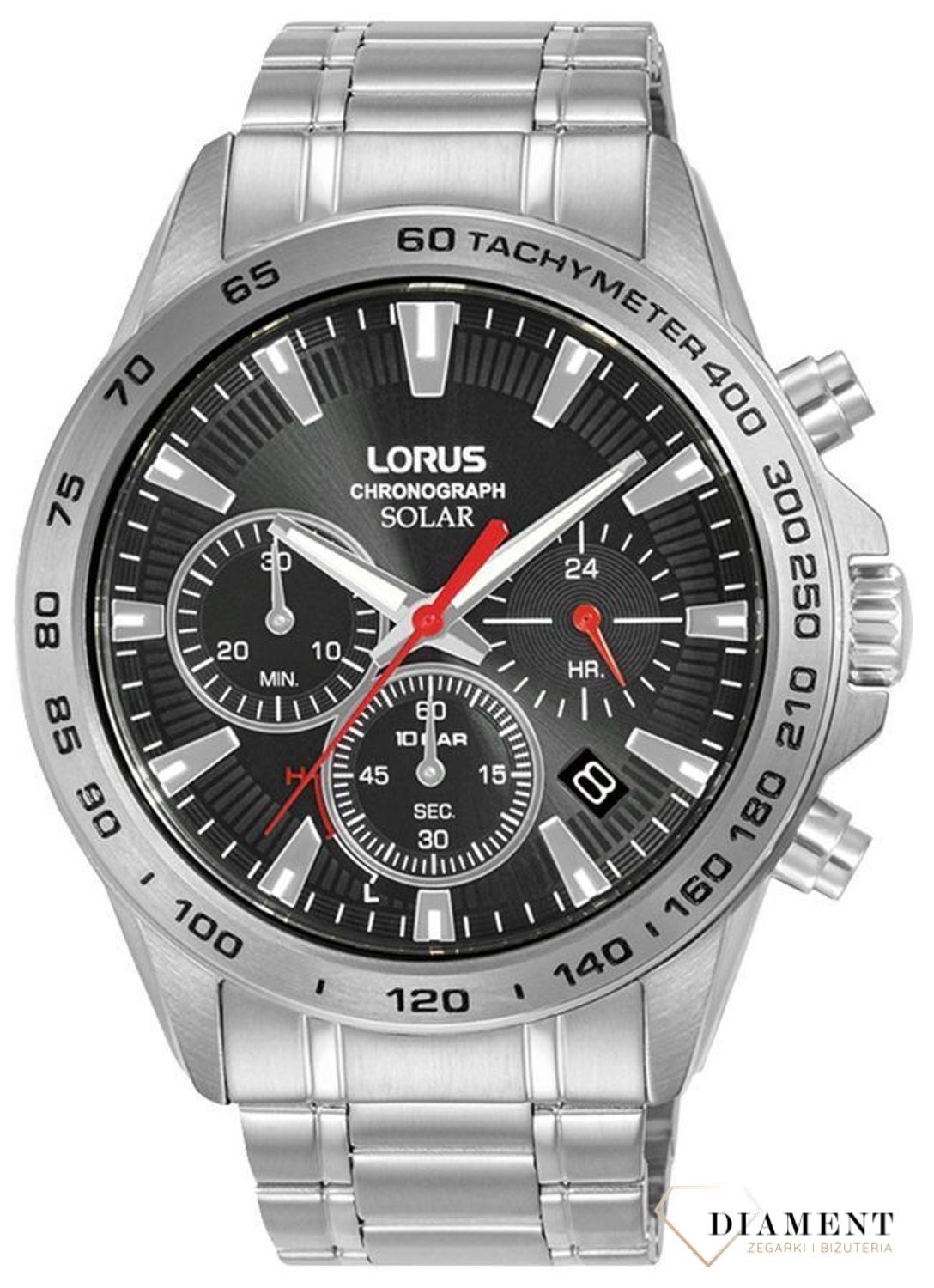 Zegarek męski Lorus Solar Chronograph na bransolecie RZ501AX9. Męski zegarek solarny. Męski zegarek Lorus. Zegarek dla mężczyzny na prezent. Zegarek z chronografem. Modny męski zegarek..jpg