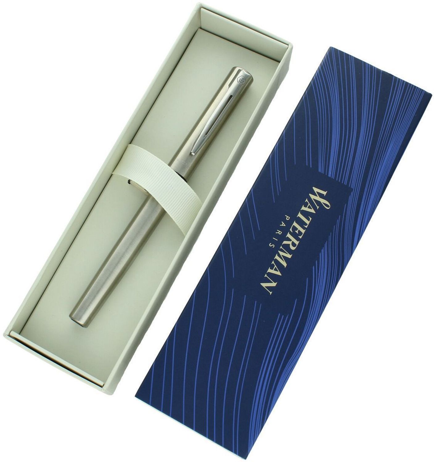 Pióro wieczne Waterman Allure – metalowy korpus, stalówka stalowa, niebieski atrament, etui prezentowe sralowe w kolorze srebrnym.jpg