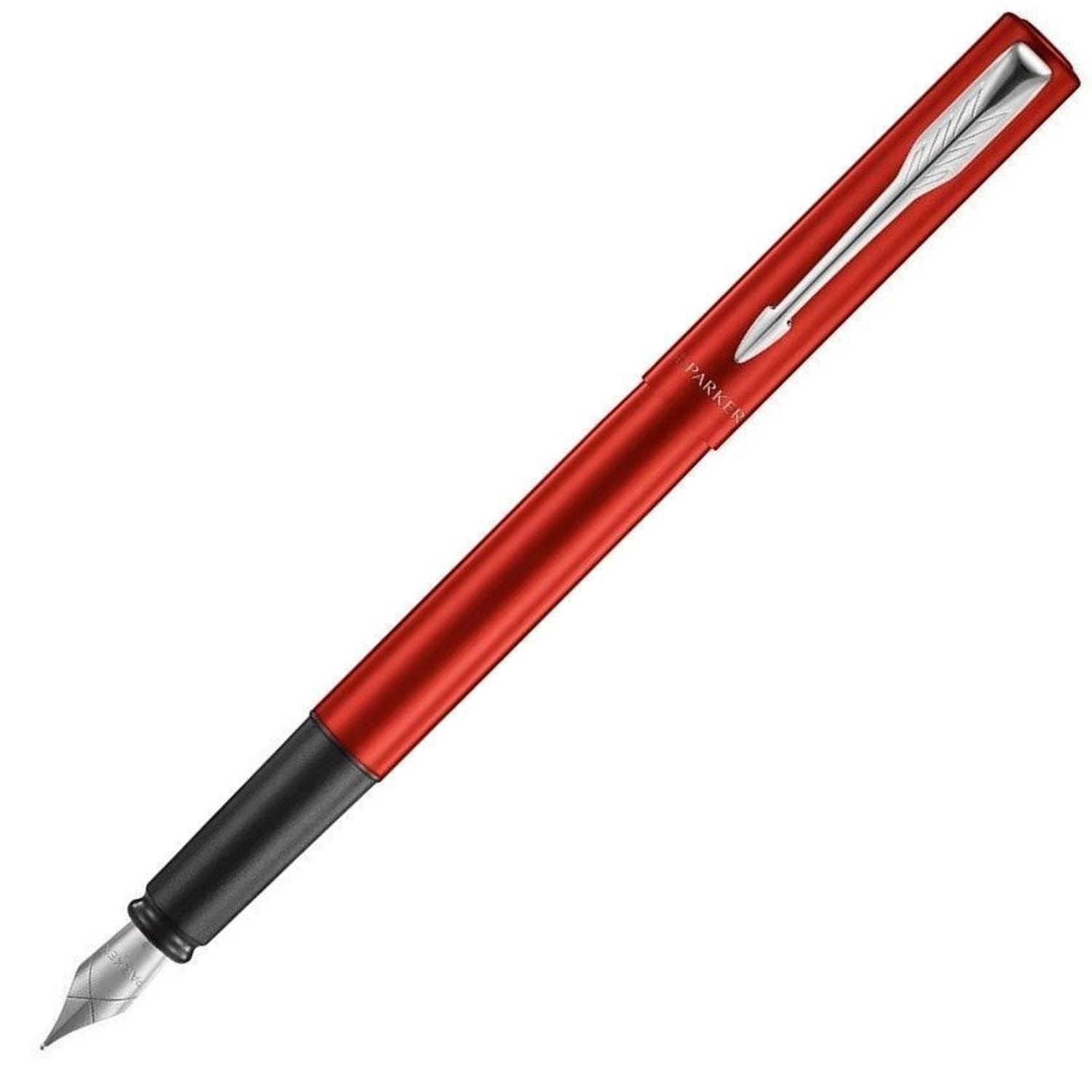 Nowoczesne pióro wieczne Parker Vector XL Red CT z dużą stalówką ze stali szlachetnej. Metaliczne czerwone wykończenie, chromowane detale i etui skórzane.1.jpg