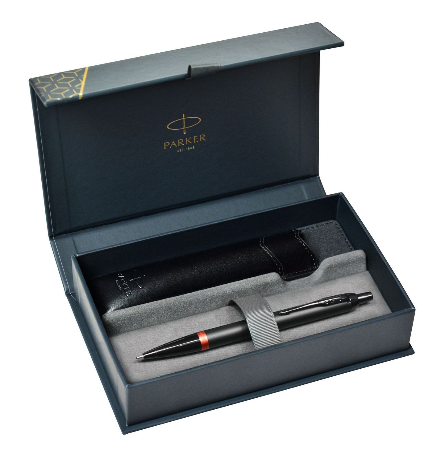 Długopis Parker Jotter S0828090 – czarny matowy z czerwoną wstawką i chromowanymi detalami. W zestawie czarne etui Parker. Stylowy, trwały, idealny na prezent.1.jpg