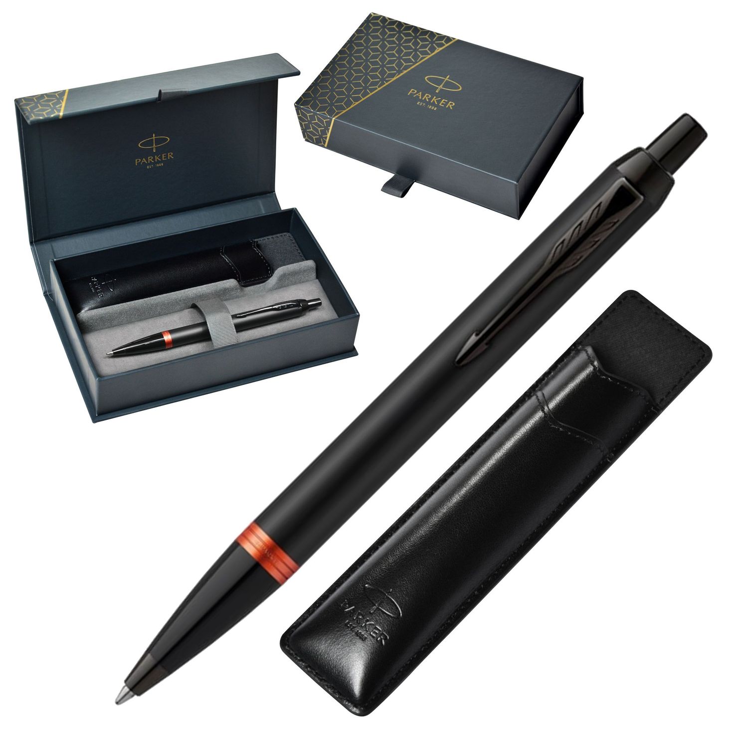 Długopis Parker Jotter S0828090 – czarny matowy z czerwoną wstawką i chromowanymi detalami. W zestawie czarne etui Parker. Stylowy, trwały, idealny na prezent.1.jpg