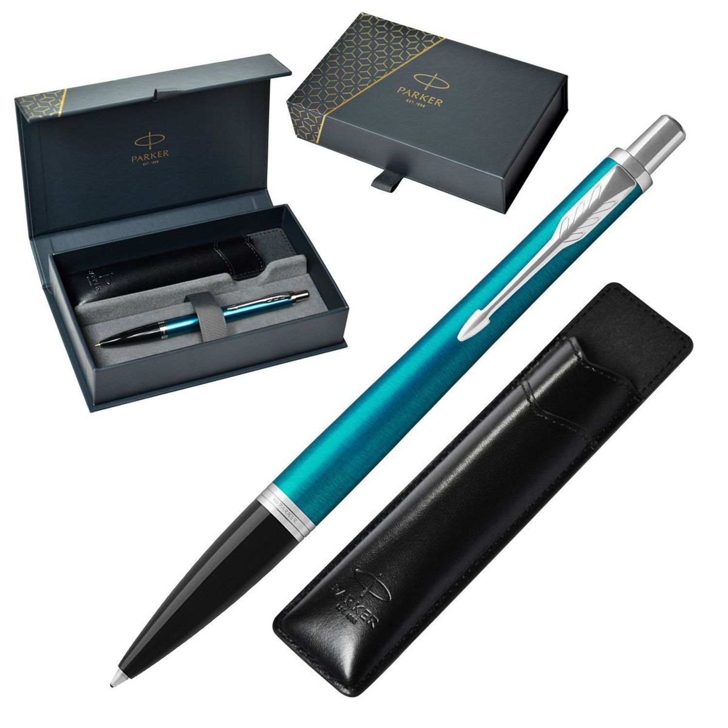 Długopis Parker Jotter S0828440 w błyszczącym niebieskim kolorze z chromowanymi detalami. W zestawie czarne etui Parker. Idealny do pracy, szkoły i jako prezent.1.jpg