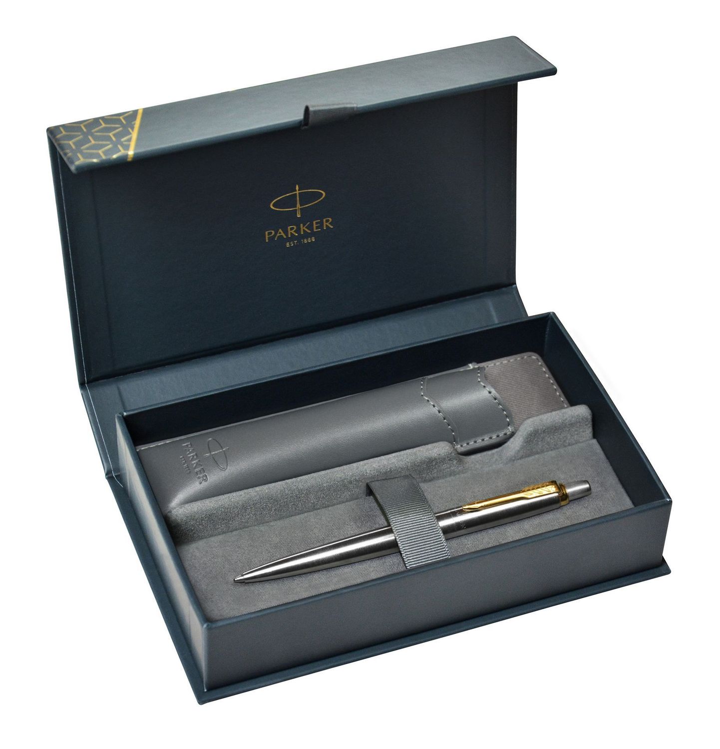 Elegancki zestaw Parker Jotter Stainless Steel GT z etui Parker i pudełkiem prezentowym 848. Kultowy długopis ze stali nierdzewnej, idealny na prezent.1.jpg