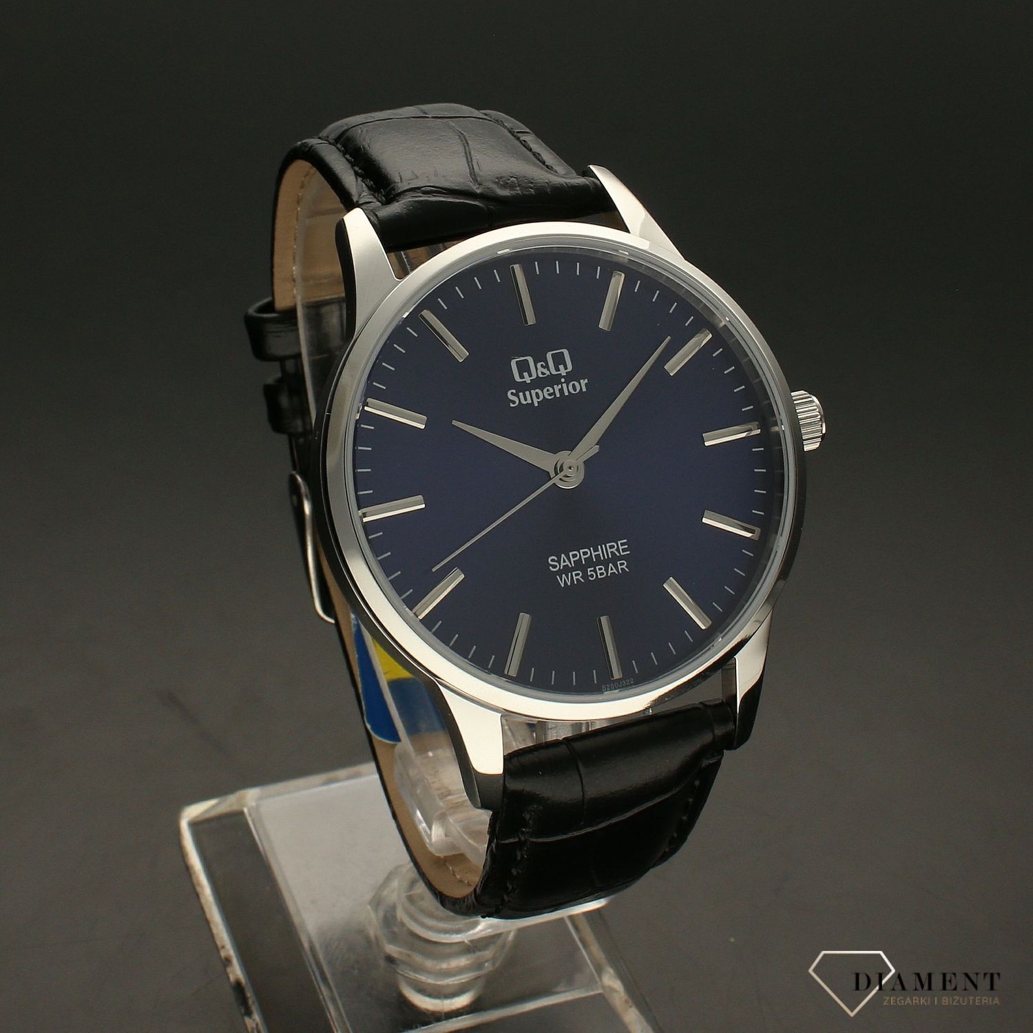 Elegancki zegarek męski na czarnym pasku skórzanym  z niebieską tarczą QQ S280-322 ⌚.jpg