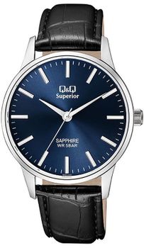 Elegancki zegarek męski na czarnym pasku skórzanym  z niebieską tarczą QQ S280-322 ⌚.jpg