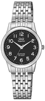 Zegarek damski na bransolecie stalowej z czarną tarczą i białymi cyframi QQ S281-205 ⌚.webp