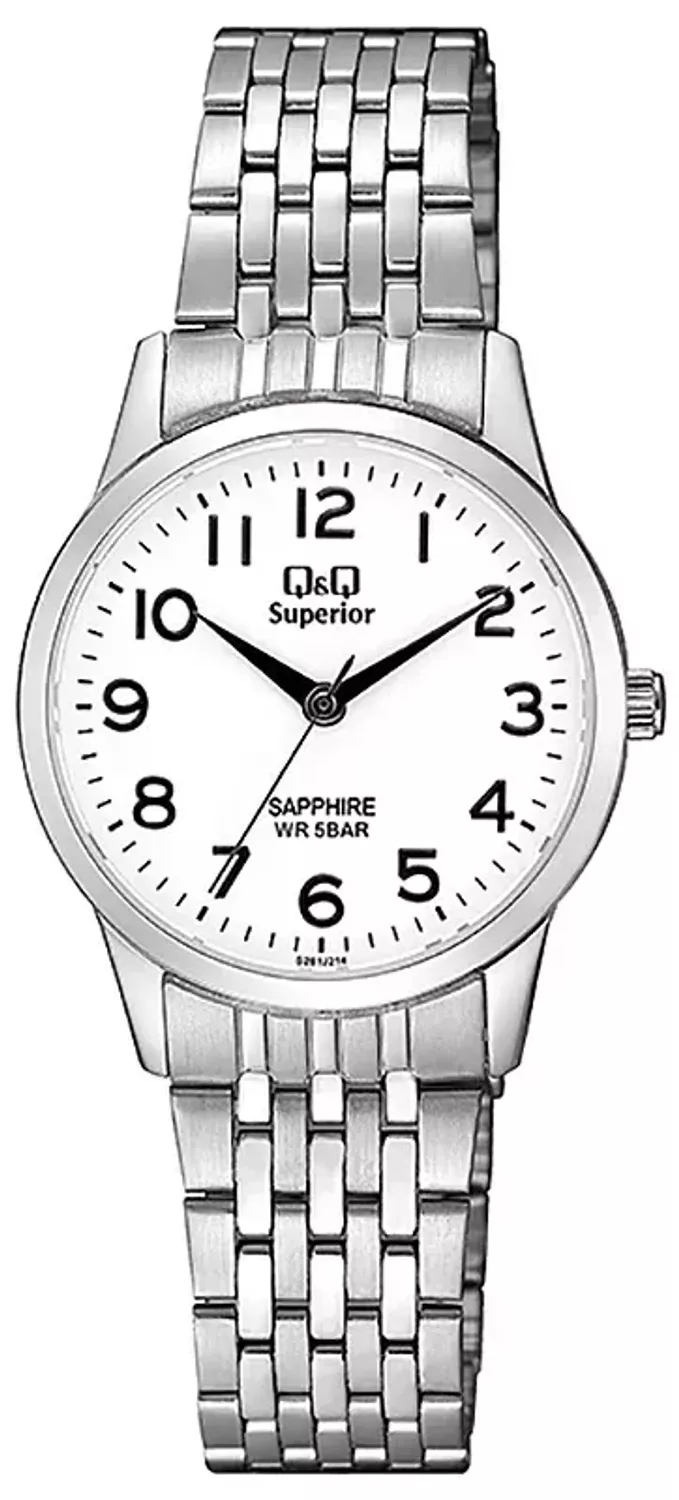 Zegarek damski na bransolecie stalowej z czytelną tarczą i cyframi QQ S281-214 ⌚.webp