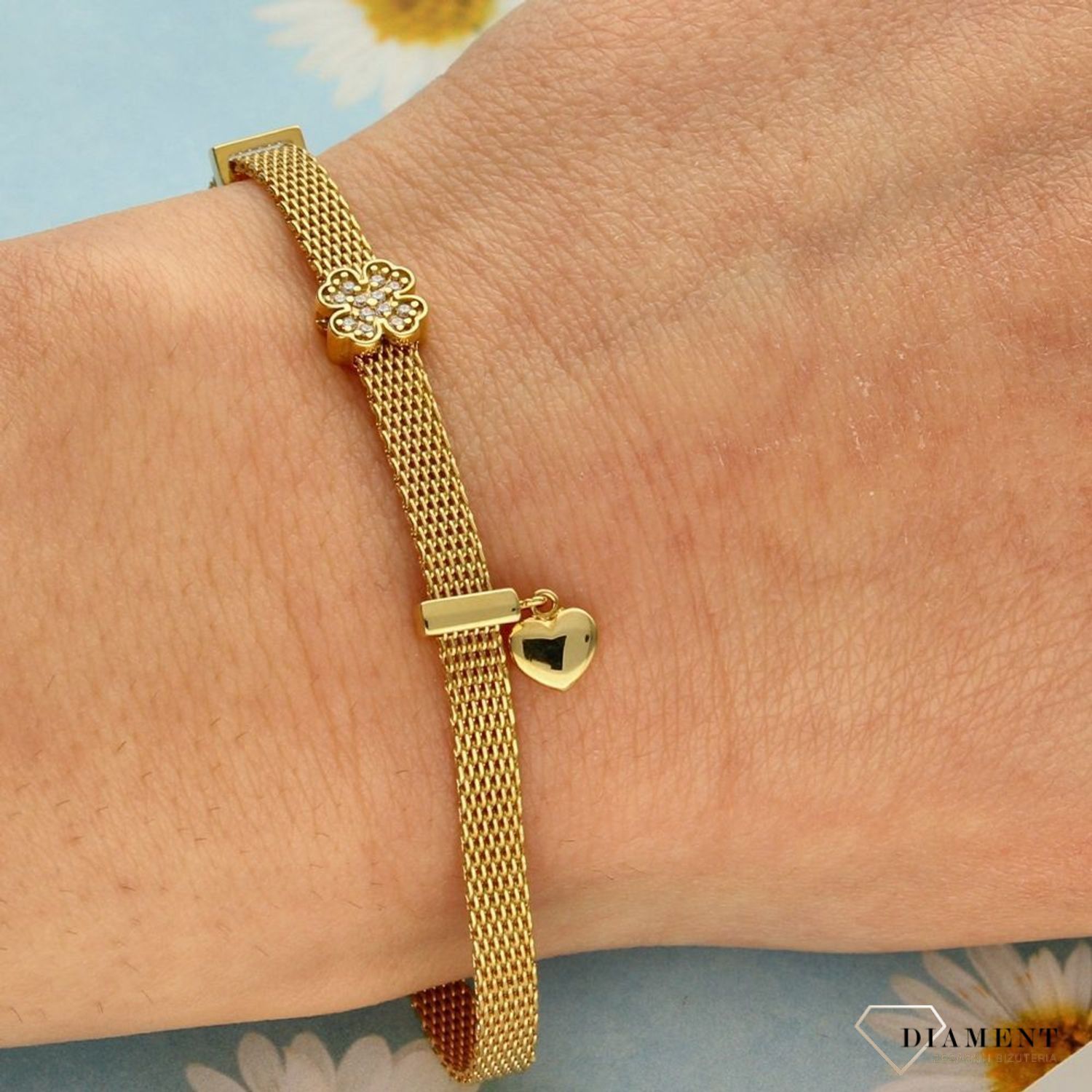Bransoletka złota meshh. Bransoletka z koniczynką na szczęście. Złote Bransoletki Damskie w Sklepie z Biżuterią zegarki-diament.pl to idealny pomysł na prezent dla kobiety.1.jpg