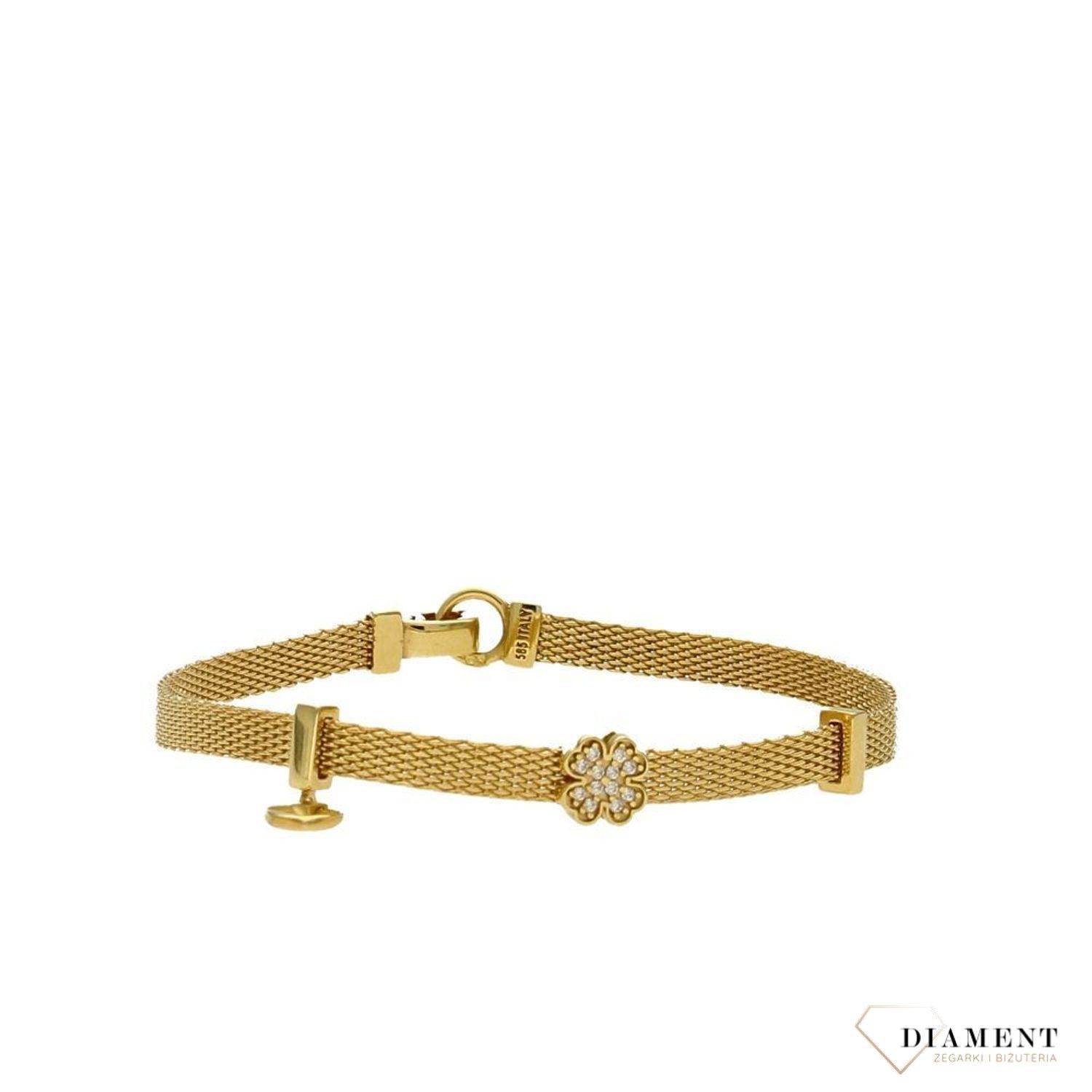 Bransoletka złota meshh. Bransoletka z koniczynką na szczęście. Złote Bransoletki Damskie w Sklepie z Biżuterią zegarki-diament.pl to idealny pomysł na prezent dla kobiety.1.jpg