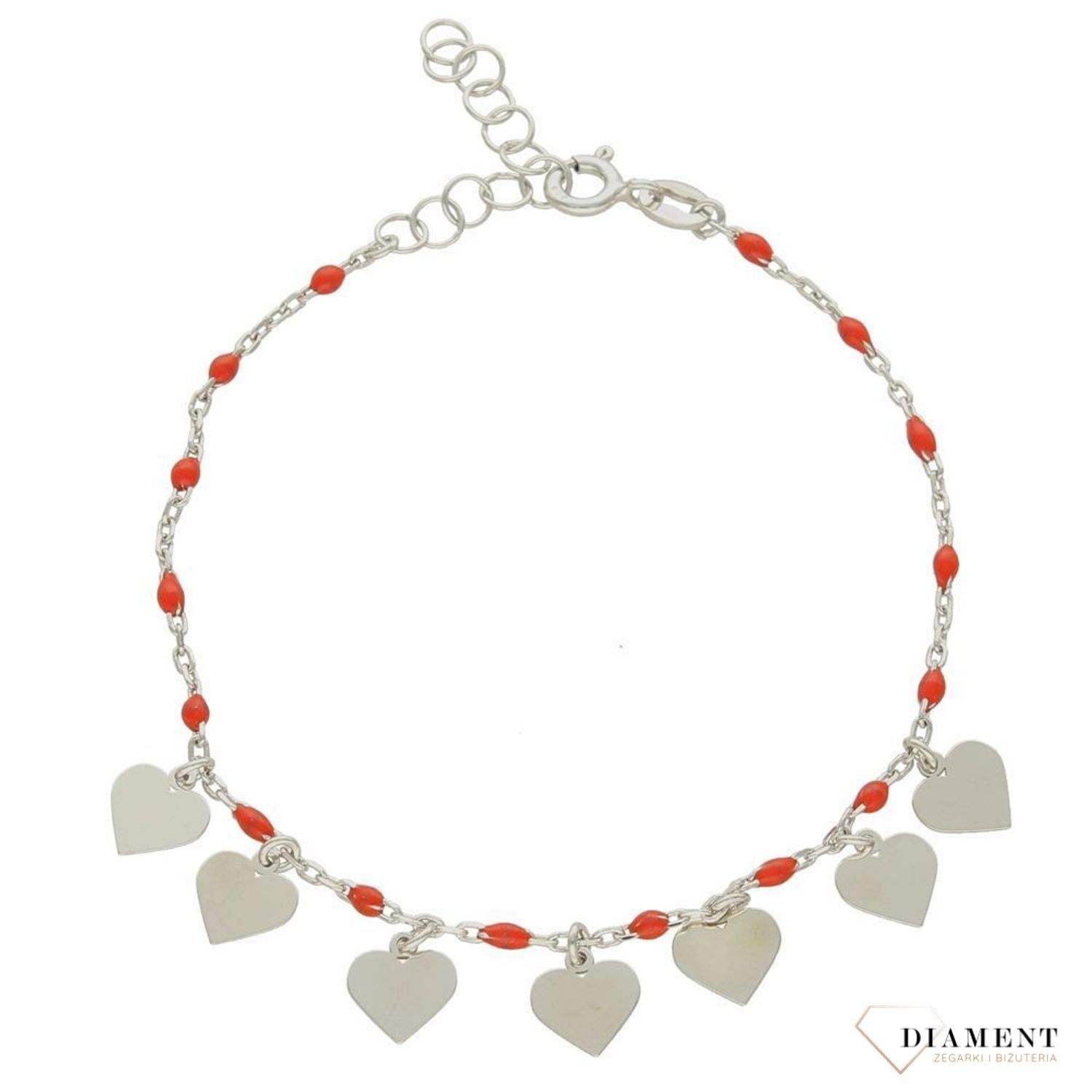 Srebrna bransoletka z koralikami i gładkimi srebrnymi blaszkami w kształcie serc. Srebrna bransoletka posiada przedłużkę, więc dopasuję się do nadgarstka..jpg